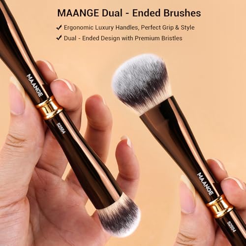 MAANGE Double-Ended Makeup Brush Set 5 Pcs Coffee Brown for Foundation, Concealer, Eyeshadow, Blush & Powder