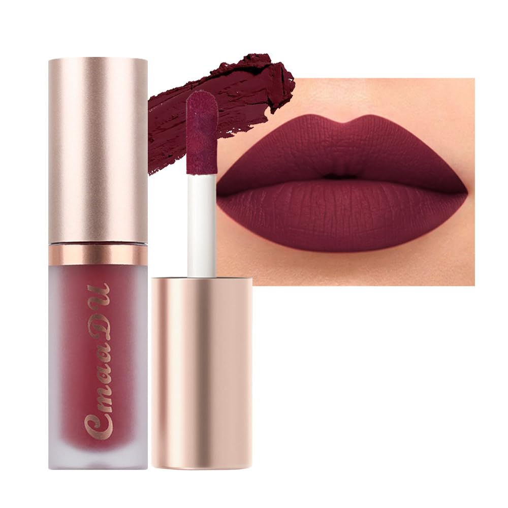 Dark Purple Red Metallic Glitter Lip Liner & Lipstick Combo - Long Lasting Waterproof Liquid Lipstick Set for Women | Iridescent Shine, Non-Stick Cup