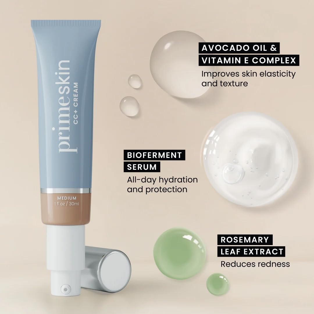 PrimeSkin CC+ Cream for Mature Women - Lightweight Liquid-to-Powder Foundation | Blurs Pores & Covers Age Spots (Light)