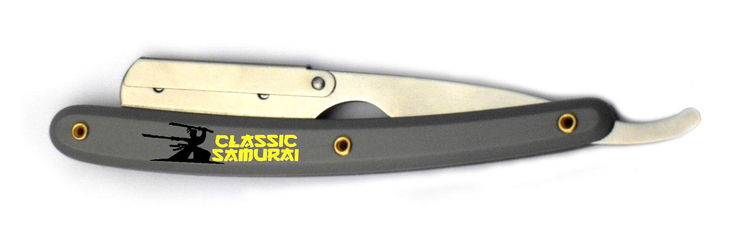 Classic Samurai Stainless Steel Professional Barber Folding Straight Edge Razor Shavette Men's Shaving Kit with 200 Count Lord Single Edge Razor Blades (Gray)