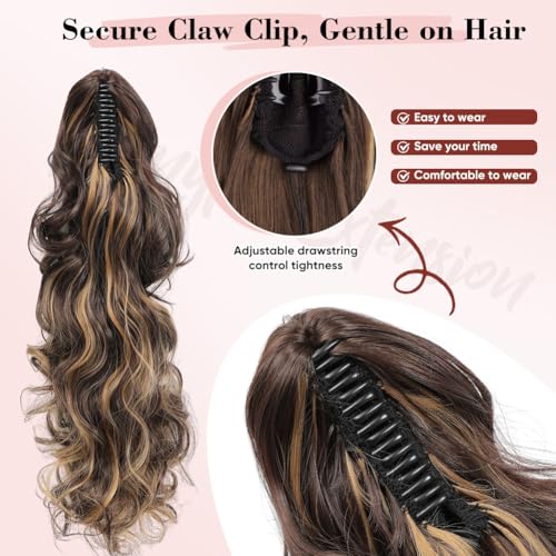 24 Inch Chestnut Brown with Golden Claw Clip Ponytail Extension - Long Curly Wavy Hairpiece