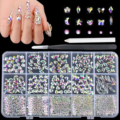 Kaipheiquan AB Nail Rhinestones Set - 200 Special-Shaped Big Crystals + 3050 Flatback Round Rhinestones for Nail Art, Jewelry & DIY Crafts, Nail AB Variation