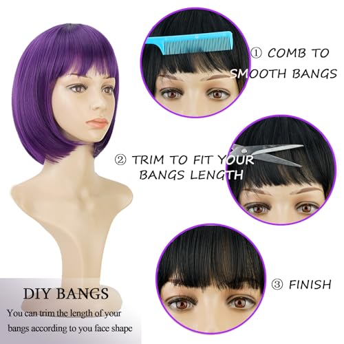 Phoenixfly Purple Short Bob Wig with Bangs - 12 Inch Synthetic Hair for Women