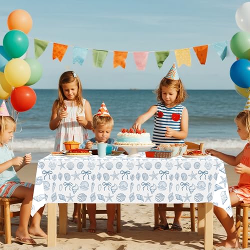 3 Pcs Blue Seashell Tablecloths - 54 x 108 Inch Waterproof Plastic for Beach Parties