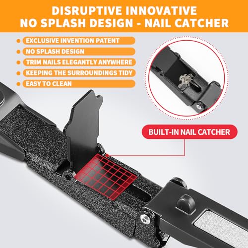 FEIXON Heavy Duty Nail Clippers with Catcher - Black No-Mess Nail Cutter