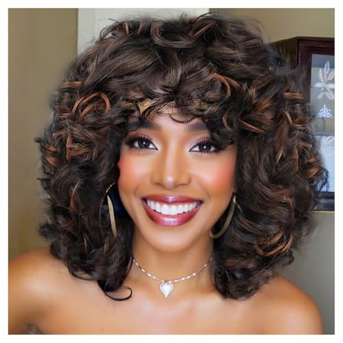 Short Curly Wig for Black Women - Ombre Auburn Afro Kinky Curls with Bangs