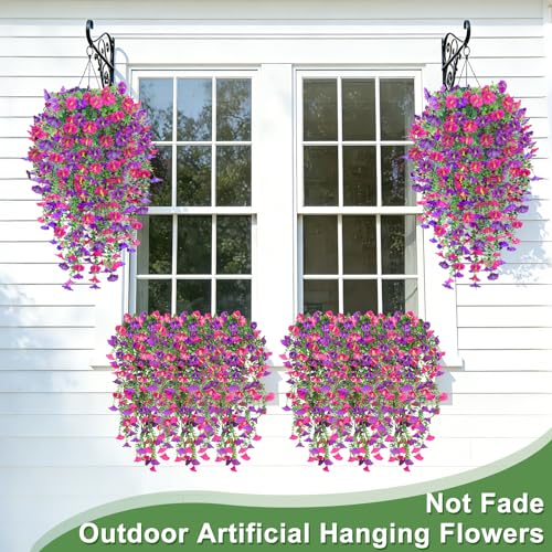 4-Pack UV Resistant Artificial Hanging Flowers - Faux Petunias & Eucalyptus for Indoor/Outdoor Decor