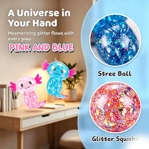2 Pack Axolotl Squishy Stress Balls - Glittery Collectible Figurines