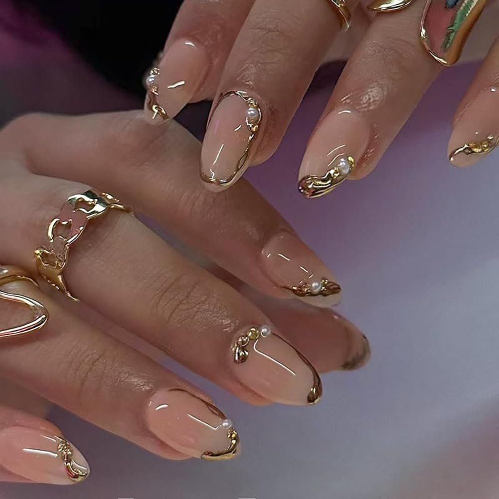 3D Gold Line French Tip Press-On Nails - Short Almond Glitter Light Nude | Handmade Acrylic Nails with 3D Pearl Designs
