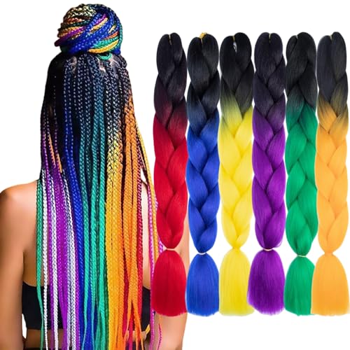 FYRLNA 6 Pack 24 Inch Jumbo Braiding Hair - Black to Red/Orange/Yellow/Green/Royal Blue