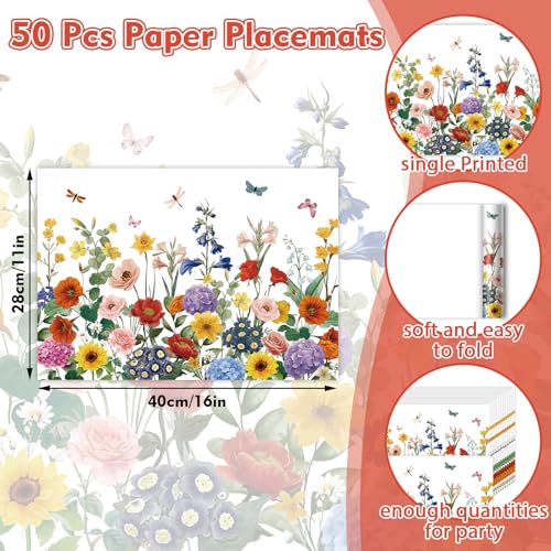 50 Pack Wildflower Disposable Placemats - 16x11 Inch Floral for Weddings & Parties