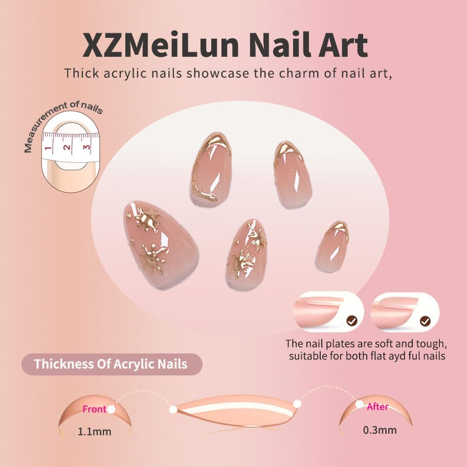 Short Almond Press-On Nails - French Tip & 3D Gold Star Design | Glossy Full Cover Acrylic, Reusable Fake Nails for Women