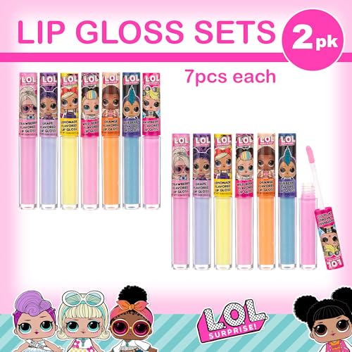 L.O.L. Surprise! Lip Gloss Set - 14 Fruit Flavored Non-Toxic Lip Glosses, 2 Pack of 1 Ounce Each, Kids Party Favors