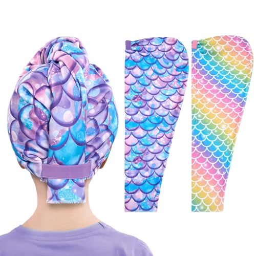 Kids Microfiber Hair Towel Wrap - Rainbow & Purple Mermaid Design, 2 Pack