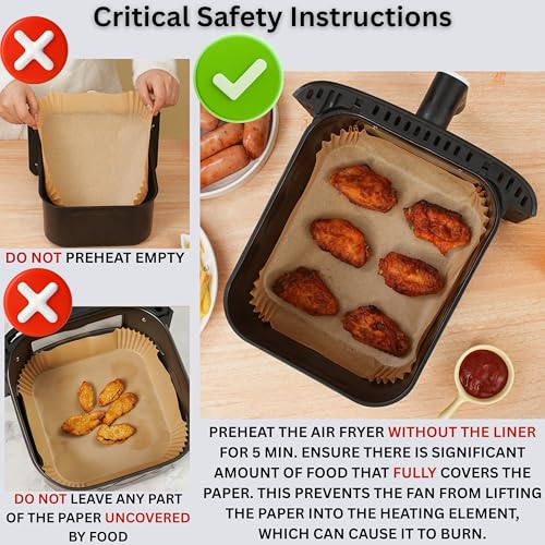 Heavy-Duty Air Fryer Paper Liners - 100 Pcs, 8" Square, Non-Stick