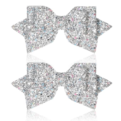 Silver Glitter Hair Bow Clips - 5 Inch Sparkly Accessories for Girls