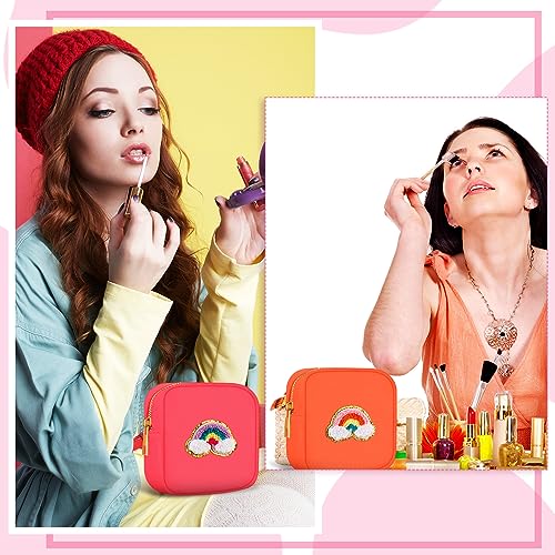 Zubebe 6-Piece Fluorescent Color Mini Nylon Makeup Bags with Chenille Letter Patches, Portable Cosmetic & Travel Pouch Set for Women