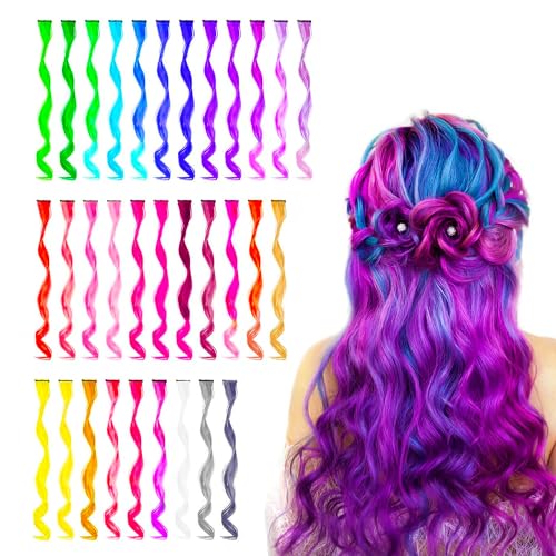 Rainbow Clip-In Colored Hair Extensions - 32 PCS Curly Wavy 16-21 Inch