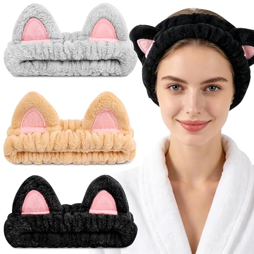 YOOVR Cat Ears Spa Headband Set - 3 Cute Hair Accessories