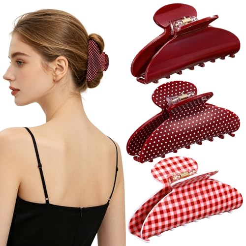 HairChrysm 4.2 Inch Red Acrylic Claw Clips - 3 Pack Large Hair Barrettes