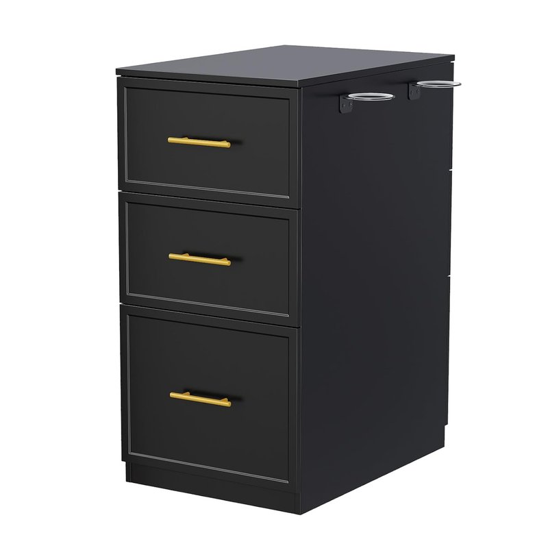 Salon Stations for Hair Stylists - Double-Sided Barber Station with 6 Drawers & 2 Dryer Holders | Modern Black Styling Cabinet