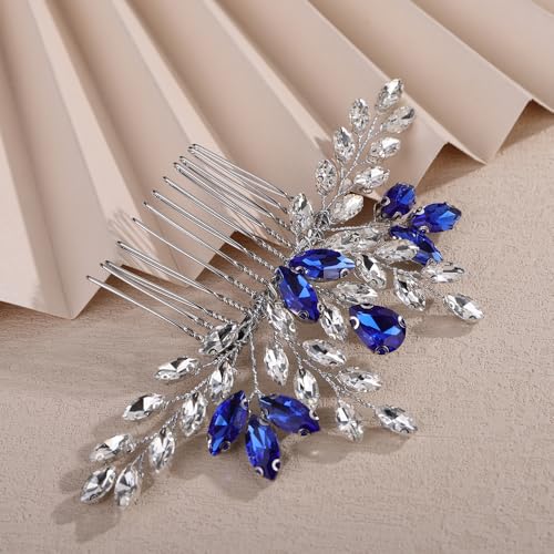Handmade Silver & Blue Rhinestones Hair Comb for Weddings