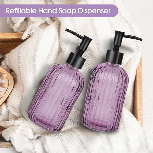 Topsky 2 Pack Purple Glass Soap Dispensers with Black Plastic Pump, 400ml Liquid Hand Soap Dispenser for Kitchen & Bathroom