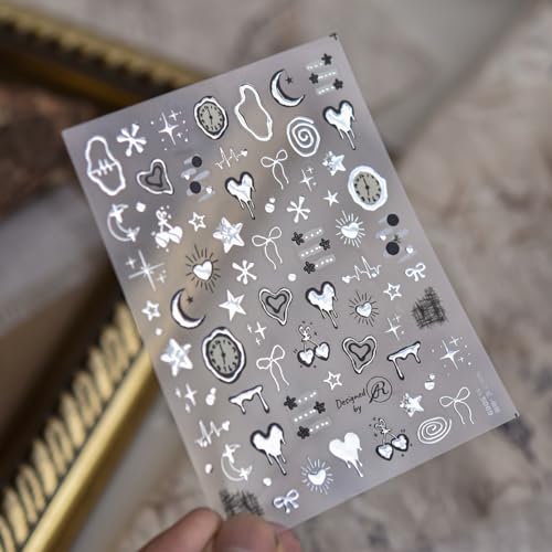 NBNTGH Silver Heart & Star Nail Art Stickers with Metal 5D Embossed Decals - Color02