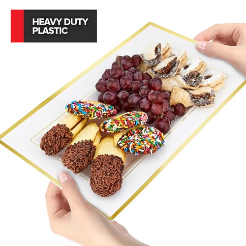 6-Pack White and Gold Plastic Serving Trays - Durable Disposable Platter for Parties