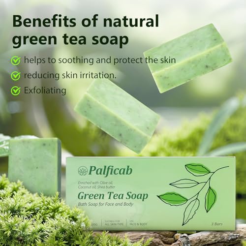 PALFICAB Green Tea Soap Bars, 3.5oz 3-Pack with Purple Soap Saver Bag
