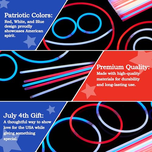 JOYIN 100 Pcs 4th of July Glow Sticks & Connectors - Red, White, Blue