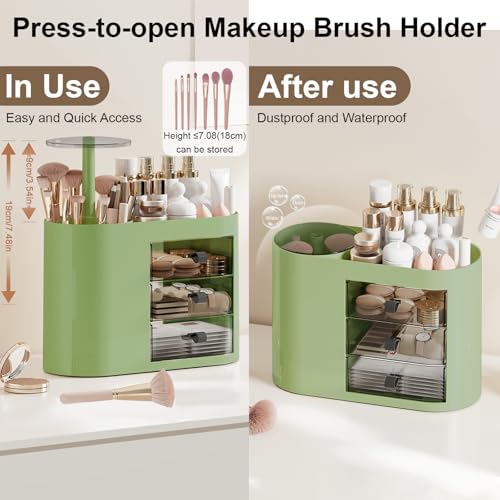 DASITON Makeup Organizer with 3 Drawers & Automatic Pop-Up Brush Holder