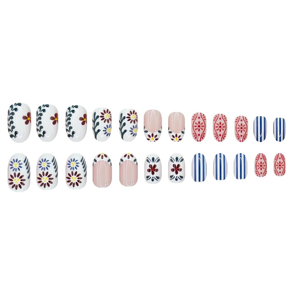 Spring Summer Press on Nails Medium Oval Fake Nails French Tip False Nail with Designs Striped | Leaves | Flowers,Cute Reusable Glue on Nail Full Cover Stick on Nails for Women Manicure 24Pcs