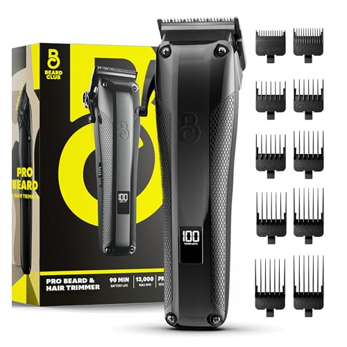 The Beard Club Pro Beard Trimmer for Men - Professional Men's Hair Trimmer for Barbers - Electric Cordless Rechargeable High Power 13,000 RPM - 10 Guides - Taper Lever - Diamond Like Carbon Blades