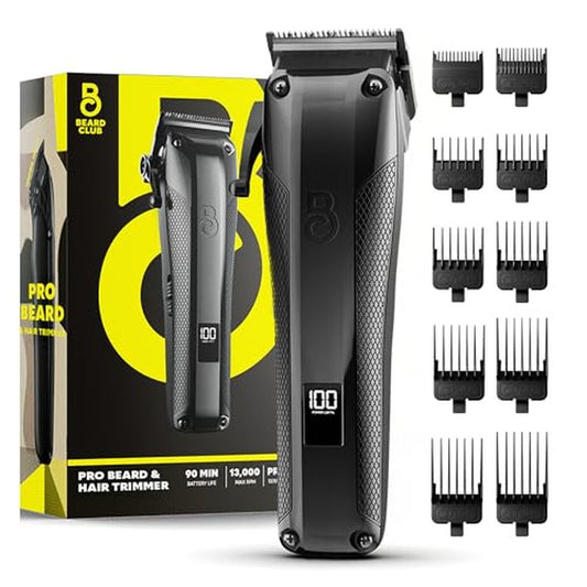 The Beard Club Pro Beard Trimmer for Men - Professional Men's Hair Trimmer for Barbers - Electric Cordless Rechargeable High Power 13,000 RPM - 10 Guides - Taper Lever - Diamond Like Carbon Blades