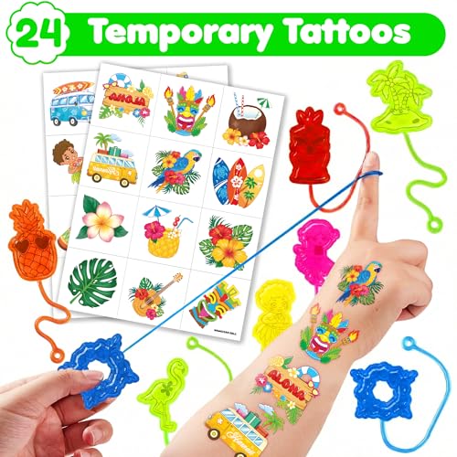 48PCS Hawaiian Party Favors with Tattoos & Stick Hands for Kids