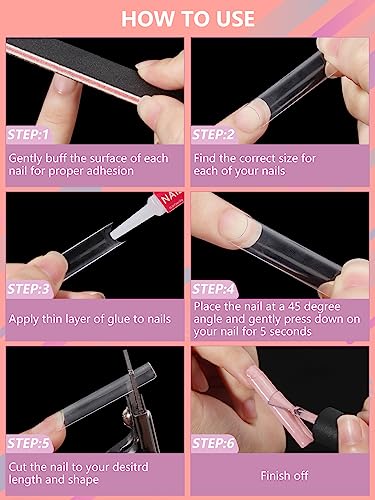 Deciniee 480Pcs Natural & Clear Square Nail Tips Kit with Glue - Extra Long C Curve, 12 Sizes, Half Cover, DIY & Salon Use