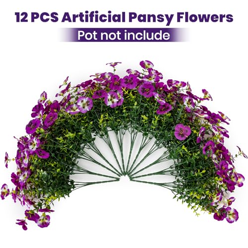 12 Bundles of UV Resistant Artificial Pansy Flowers - Light Purple & Red