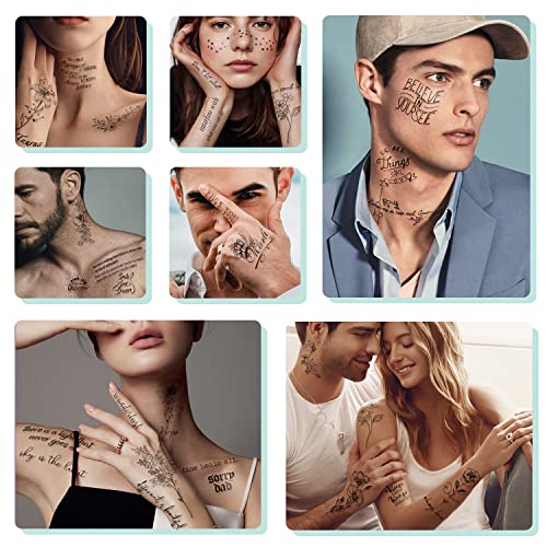 Yazhiji Black Words Flowers Temporary Tattoo Pack 90 Sheets - Inspirational Quotes & Floral Designs for Adults & Kids