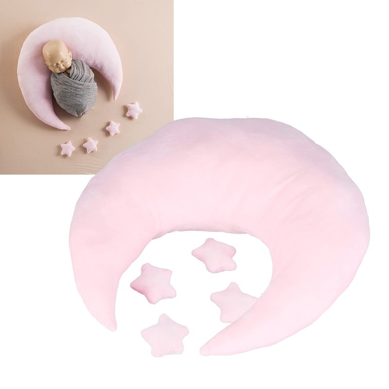NSXAYIWE Newborn Photography Props, Crescent Moon Pillow for Newborns, Soft Newborn Photography Posing Pillowswith Moon and Star Celestial Decor for Infant Photography (Pink)