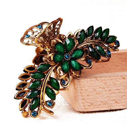 Green Large Metal Rhinestone Hair Claw Clip for Thick Hair - Vintage Alloy Barrette for Women & Girls