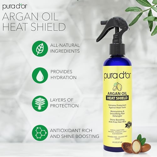 PURA D'OR 8 Oz Argan Oil Heat Shield Protectant Spray with Select Organic Ingredients, Protects Up To 450¨¬ F From Flat Iron & Hot Blow Dry, Leave-In, Define & Shine Dry & Damaged Hair