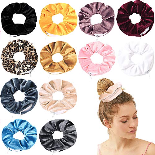 Velvet Hair Scrunchies with Hidden Zipper Pocket - 12 Piece Set