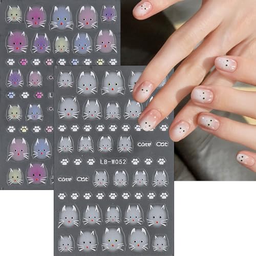 Cute Cat Nail Art Stickers - 2 Sheets 5D Self-Adhesive Decals