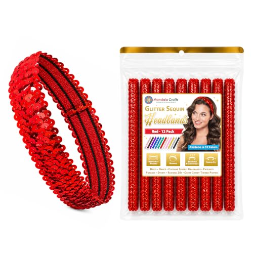 Red Glitter Sequin Headbands for Women - 12-Pack Elastic Bands