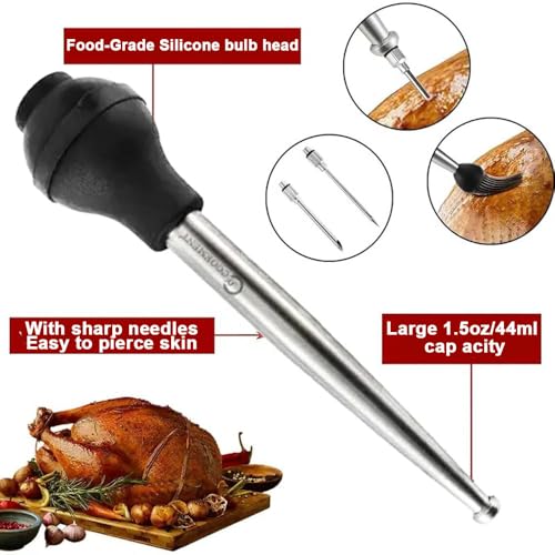 Stainless Steel Turkey Baster with Silicone Bulb & Marinade Tools