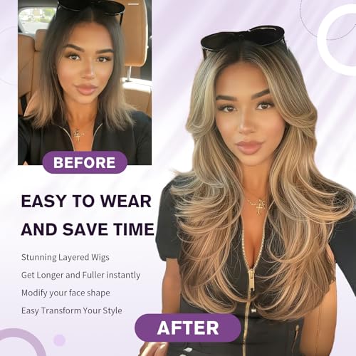 Black Layered Synthetic Wavy Curly Wig with Curtain Bangs for Women - 24 Inch, Cosplay & Daily Wear