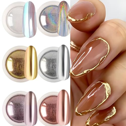 6-Color Chrome Nail Powder Set - Metallic Holographic Pigments