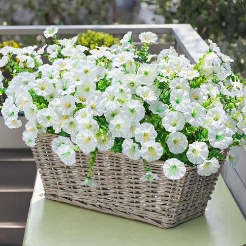 12 Bundles of White Silk Morning Glory Flowers with Eucalyptus - UV Resistant Faux Plants for Outdoor Decoration