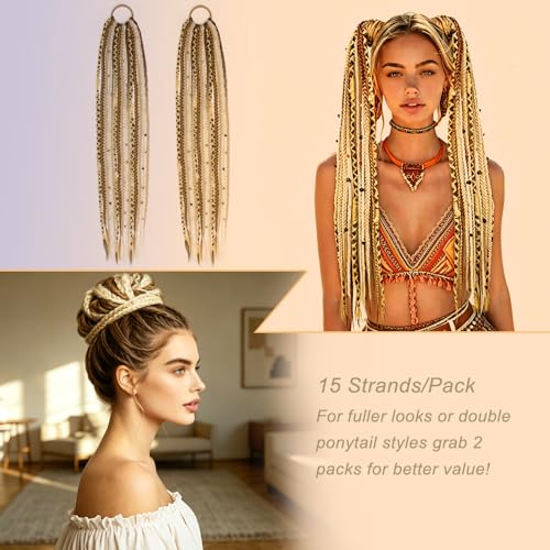 24-Inch Ombre Blonde Braided Ponytail Hair Extensions with Beads | Handmade Synthetic Dreadlocks